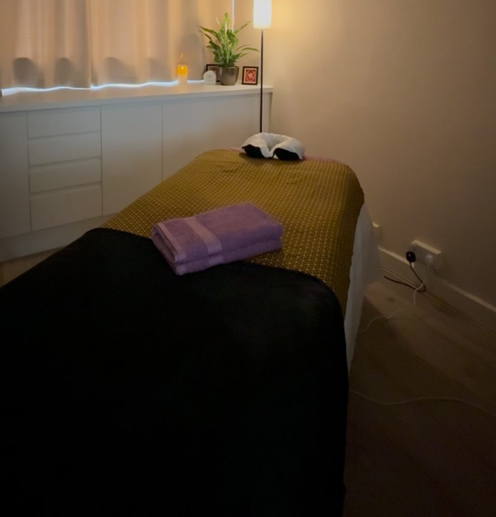 The calm treatment room at Roong Thai Massage, Egham